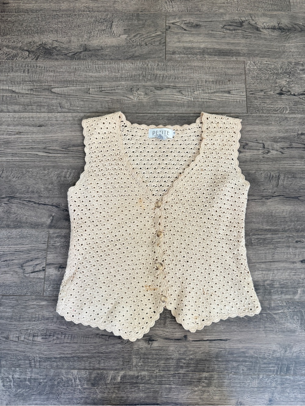 Petite Sophisticate Crochet Shell-Pattern Tank Top in Beige
